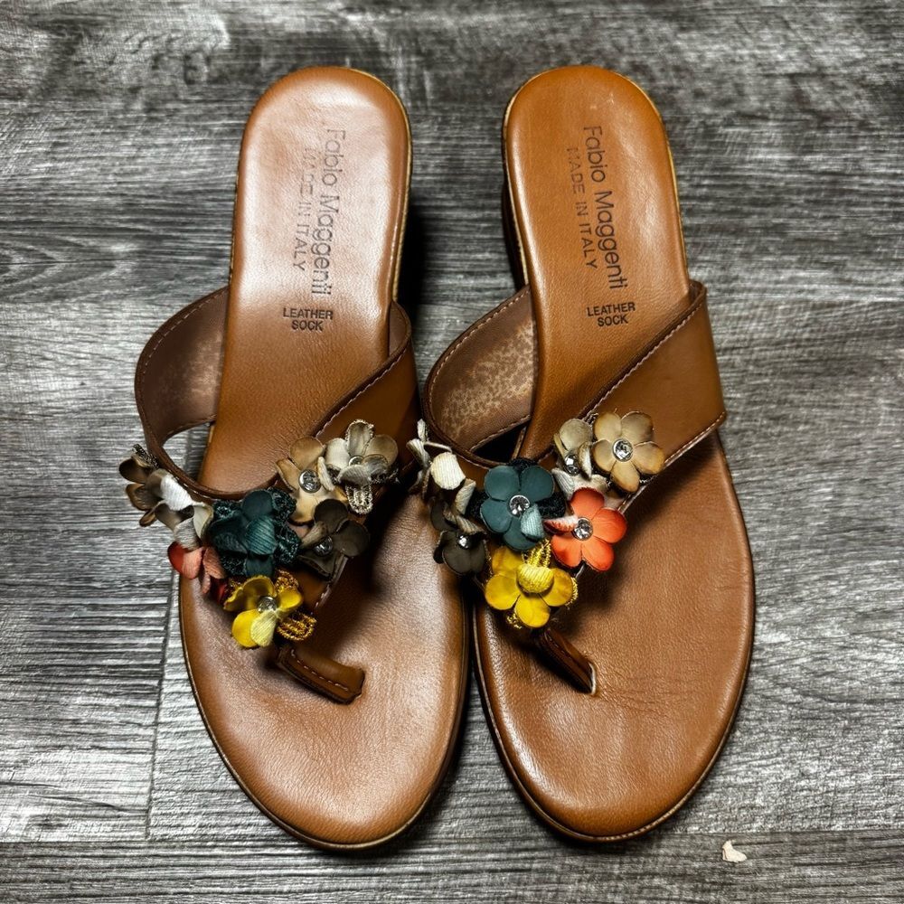 Fabio Maggenti Brown Leather Sock Floral Embellish Wedges Size 9